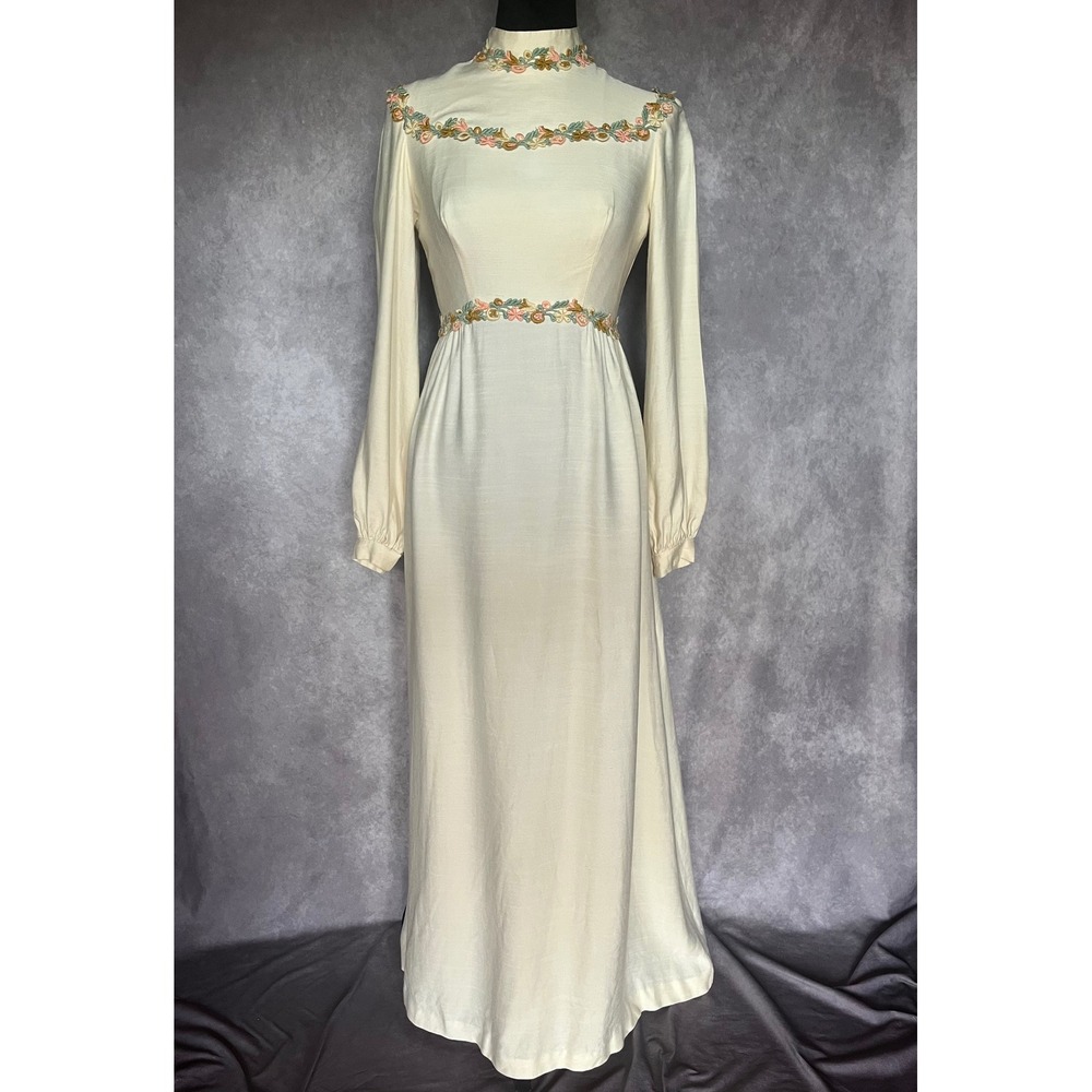 Vtg 60s 70s Maxi Dress Sm Yellow Floral Appliqué Long Sleeve Flower Child Hippie